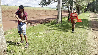 Little Red Riding Hood, the Naughty Girl, Meets a Horny Lumberjack and Shows off Her Pussy in the Middle of the Road.