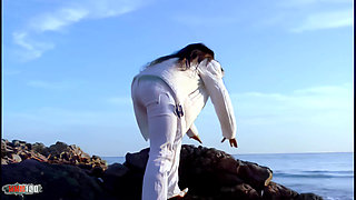 Pretty with Big Tits Christine Doing a Strip on the Beach