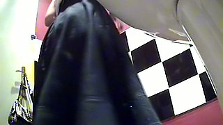 Sweet and sexy blonde woman in the public toilet room got her ass filmed