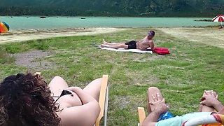 Voyeur masturbates on the beach while I touch myself