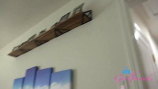 Slutty, slim blonde enjoys his cock in bed POV