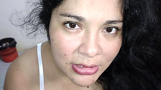 My chubby stepdaughter comes to get my wife and finds me with my cock standing up and swallows everything