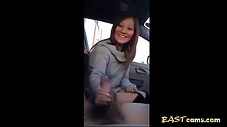 Lovely horny Asian girl gave her partner handjob in car