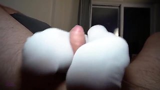 Horny Blonde - Reverse Footjob From Sexy In White Socks (pov)