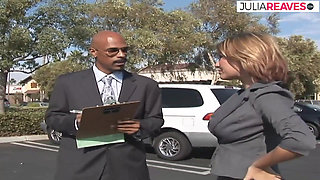 Horny bitch spreads legs as lover slides his big black cock into her cunt