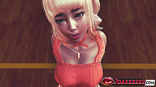 Blonde in Red Dress & High Heels Gets Pussy Licked - Big Tits Massage & Close-Up Orgasm!