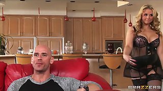 Busty blonde wife helps her man celebrate steak & a blowjob day