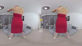 Grace Lily - Red Dress and Pantyhose; Big Tits Blonde Solo Striptease