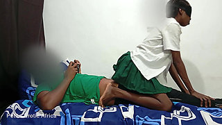 Petite African Teen Lovet Rides Cowgirl and Takes Big Dick Standing in School Uniform