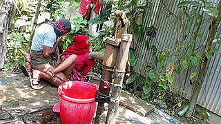 I fucked my village stepsister outside while she was taking a bath.