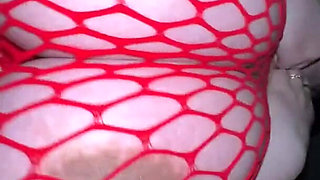 Massive Boobs Pregnant Girl in Red Mesh Rides Cock Then Doggy Fuck