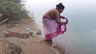 Indian Village Wife Bathing in the River in Outdoor Area
