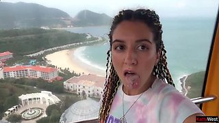 Public Flashing Blowjob - Skinny Brunette Swallows Cum on Ferris Wheel POV