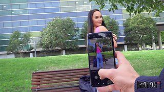 Long-haired slut rides a big cock in public outdoors