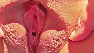 Horny mature shows super close up wide open cunt spread.