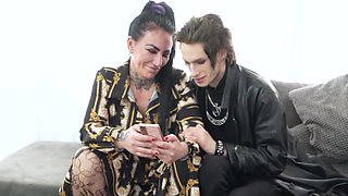 Inked Mature With Big Tits Gives Blowjob To Emo Stud