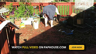 Playing in my garden showing off my tits belly ass, legs and fat pussy flashing you while cleaning up my leaves! red lace thong!