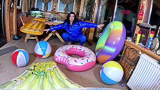 Dominant MILF Leather Pants and Glossy Downjacket. Air Mattress, Beach Ball Popping and Cum Play