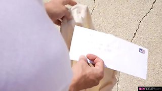 Busty teenage Amber Moore salutes him home