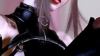 Having Fun Brunette in Long Latex Stockings