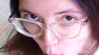 Skinny Adorable Brunette in a Sexy Bodysuit and Glasses Loves to Have Passionate Sex, Sucking a Dick and Feeling a Dick