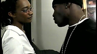 Black girl in college outfit rides big black cock and takes a load on her face