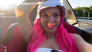 Town Slut Flashes Perky Boobs in Convertible on the Highway