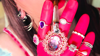 All In Pink! The Fabulous Smoker Tina Snua Wears Pink Latex Gloves & Rings & Smokes A cigarette For You