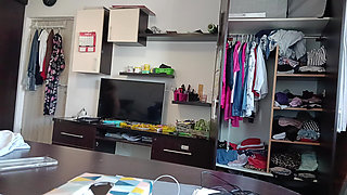 Amateur Woman Has Fun Trying on Clothes and Cutting Them.