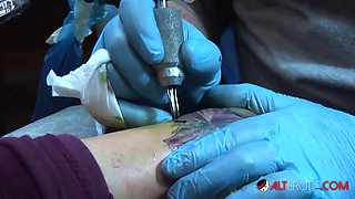 Shyla Stylez gets tattooed while playing with her boobs