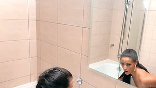 Cute wife with long hair and small boobs fucked in a bathroom