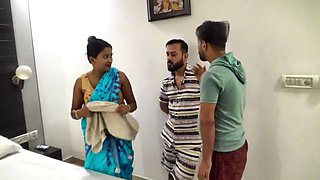 Two friends seduced their beautiful house maid and made a hardcore threesome fucking session.