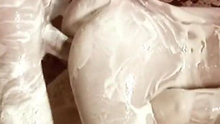 Funny Food Scene-1 busty Blonde MILF in Lingerie Covered in Soap Fucked by Big Cock