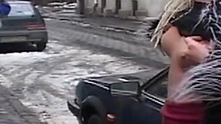 Snowy Exhibitionist Flashes Pussy and Ass in Public