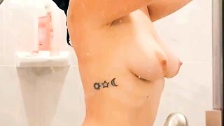 Busty curly brunette with big boobs fucks on couch