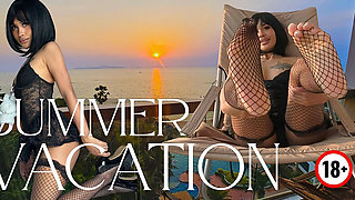 Cute Asian in Black Lace Lingerie Sways Hips on Oceanfront Balcony