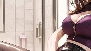 Bathroom Purple Shiny Beauty Black Boots Kneel Blowjob Bathtub Ride to Massive Creamy Ass Finish