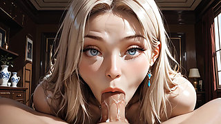 Blonde Colombian Blue Eyes Kneeling Sucking Thick Cock Of Her Boyfriend With Desire, Blowjob Deep Full Throat, Saliva Cumming