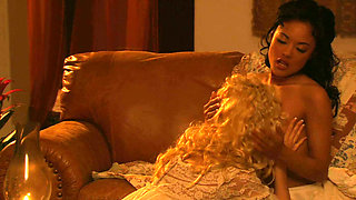 Vintage Lesbian Seduction - Curly Blonde and Brunette Beauty Make Love on the Sofa