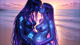 Lustrender: East African Pregnant Beach Nose Kiss Jellyfish Glow - Ai Video
