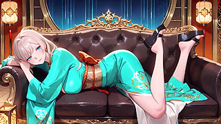 Emerald Kimono Queen! Languidly Sprawled on the Sun-drenched Bedroom Bed, She Gazes Back with a Sleepy Allure