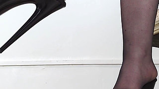 Shoe Collection Extreme High Heel Black Shiny Stripper Mules - Dame Olga