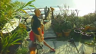 Tattooed black pussy licking fucking in the garden...cum on tits