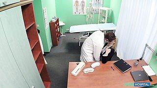 Lab coat watches the bare blonde