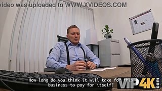 Vip4k. Horny Blonde unwraps her panties in front of her loan officer