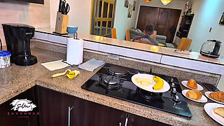 Stepson Cum on his Stepmother's Huge Tits during a Family Breakfast - Savannah Watson
