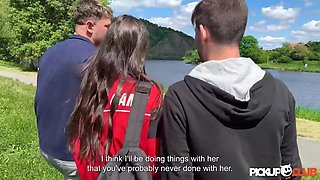 Sensual young brunette girlfriend teases lover outdoors with passionate cuckold thrill
