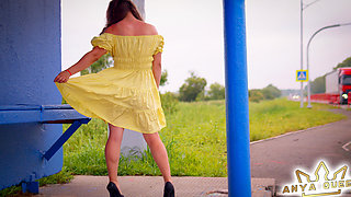 128 Subtle Outdoor Flirting with Passing Drivers at a Bus Stop. Do You Like My Legs? 60fps