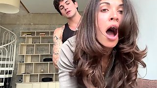 Skinny brunette sucks cock after doggy pose fuck - Amateur