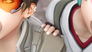 Tracer & Kiriko - Sharing Dick, Blowjob & Cowgirl Riding 3D Porn Overwatch